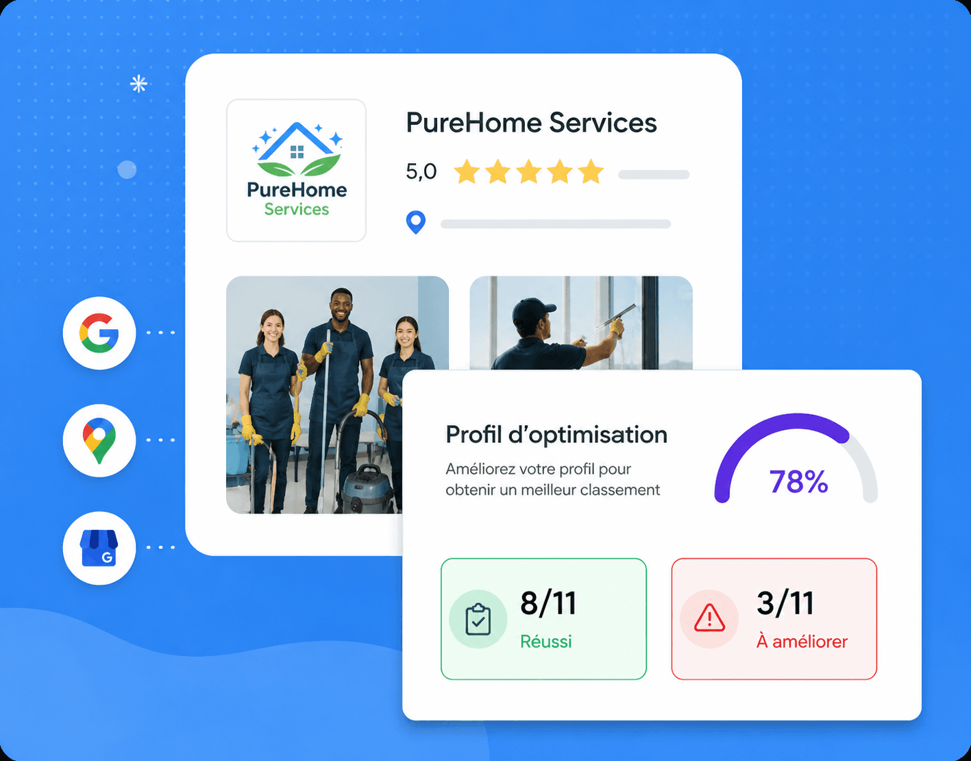Google Business Profile optimization — example dashboard showing 78% rating, 8/11 passing, 3/11 to improve