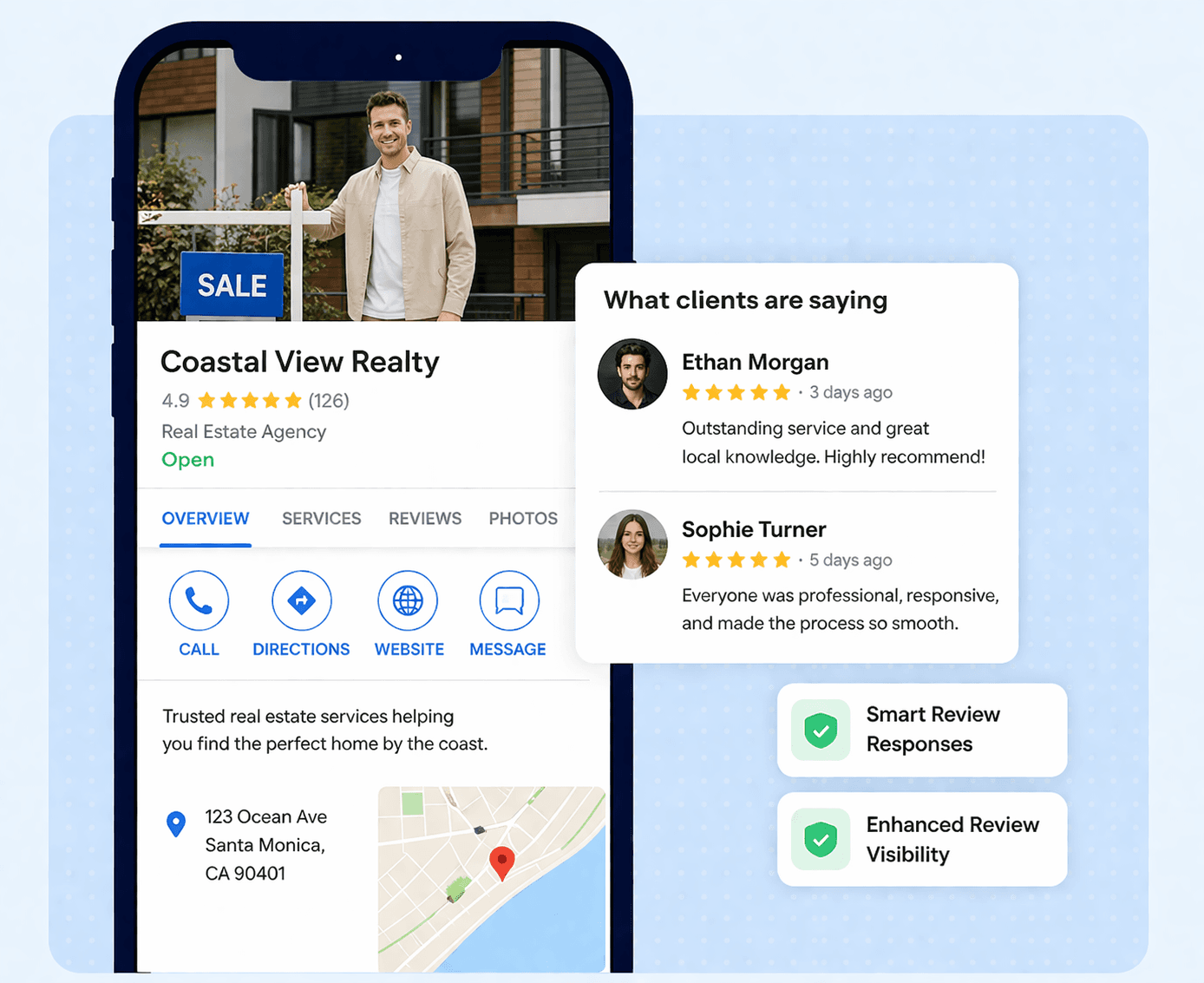 Reputation management — automated Google review requests, replies on your behalf, and customer follow-ups